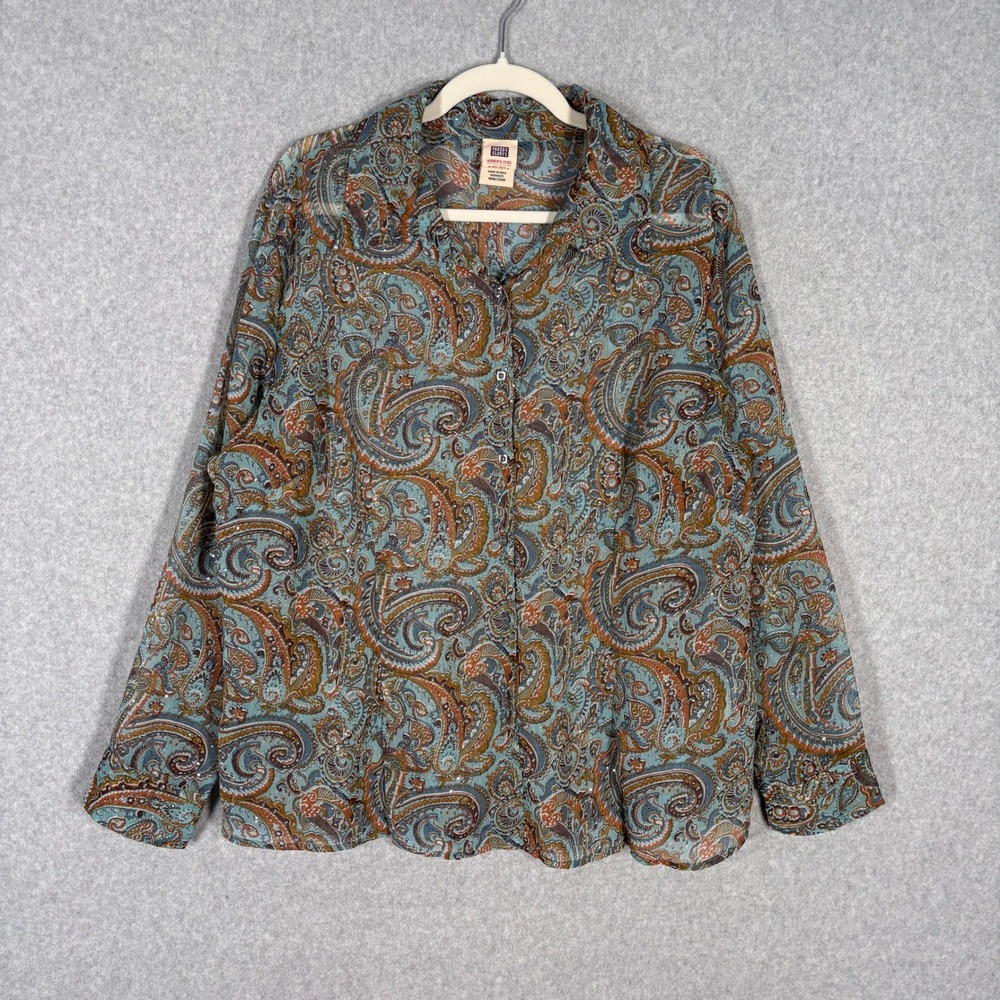 VTG 90s Sheer Paisley Blouse Size 18/20 Teal Mustard Textured Glitter Shimmer